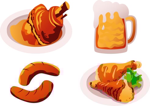 tradition bavarian food .pork knuckle,beer,sausages and chicken legs.vector illustration for oktoberfest vector