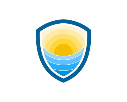 Shield with abstract sea and sunrise inside vector