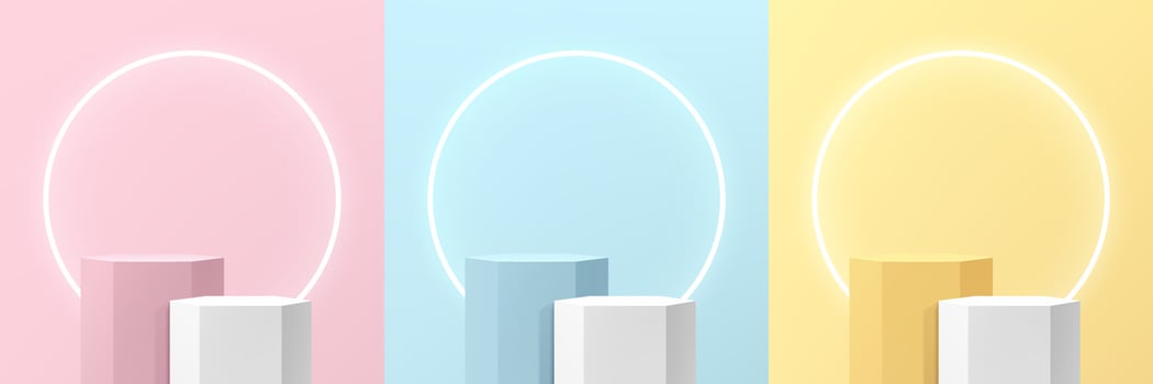 Set of pink, yellow, blue and white realistic 3d hexagon stand or podium with illuminate circle neon lamp. Abstract studio room. Pastel minimal scene for products stage showcase, Promotion display. vector
