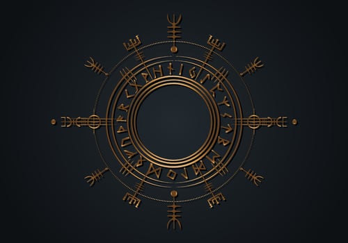 Viking Pagan Asatru Runic Compass, Vegvisir Rune Circle Viking Norse Mythology. Golden Protective talisman. Magical Navigator Compass for the wandering. Vector isolated on black background