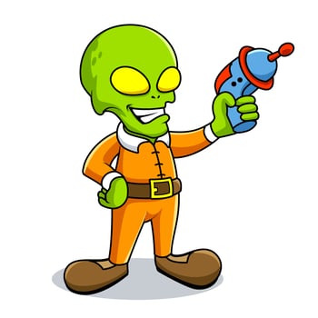 cartoon cute alien holding gun funny illustration vector