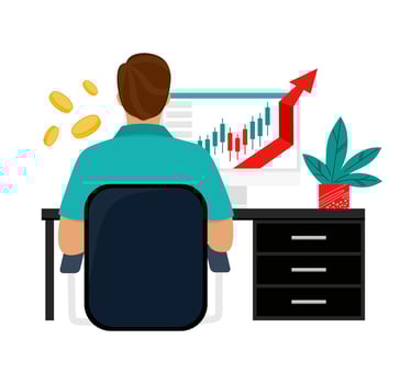 The trader tracks the charts at the computer. Trading, quotes, stocks, investment concept. Flat cartoon vector illustration