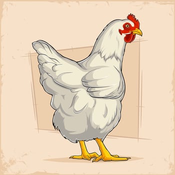 Hand drawn white chicken standing in solid colors, white hen isolated, domestic farm animal vector