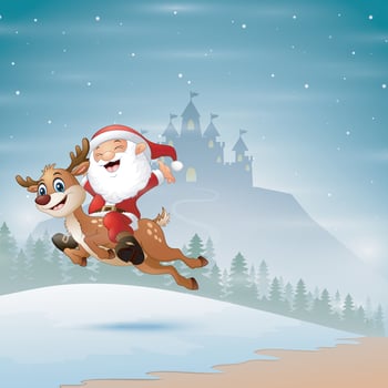 Happy santa claus riding a reindeer jumping on snow vector
