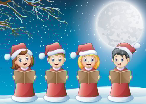 Kids in red santa costume singing christmas carols on winter night vector
