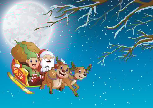 Santa Claus and elf riding a sleigh flying at winter night vector