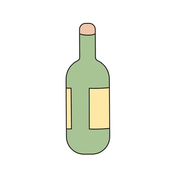 Cute bottle of champagne or wine in doodle style. Vector illustration isolated on white background. Cartoon sparkling wine in color