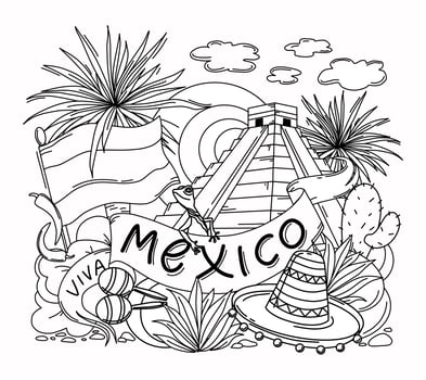Mexico coloring book for adults and children. Vector illustration. Objects are isolated.