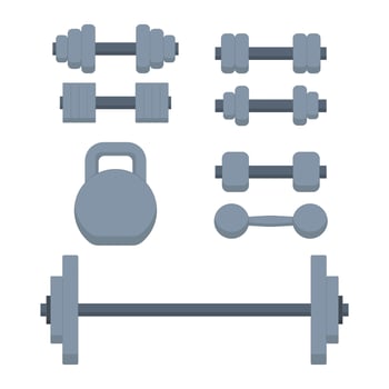 Dumbbells, kettlebell, barbell, sports equipment. Gym tools. Vector illustration in flat style on an isolated white background.