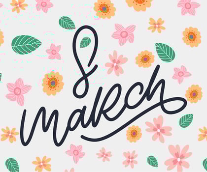 March 8 Happy womans day flowers lettering greeting card. Vector illustration EPS10