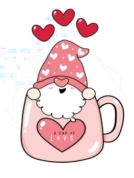 cute Valentine Gnome boy in pink coffe mug cup flat vector cartoon drawing outline illustration