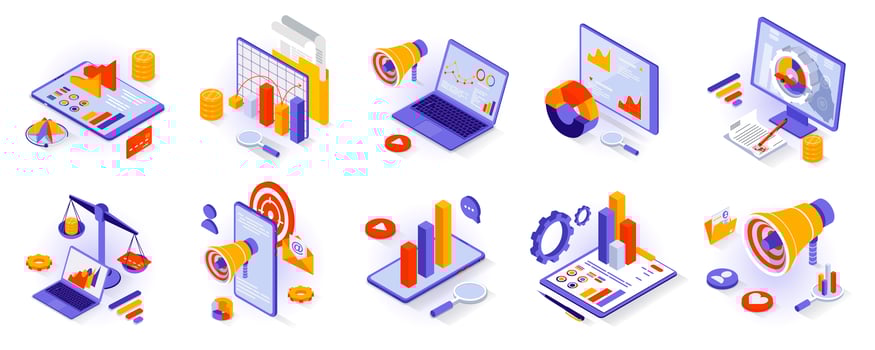Business and marketing concept isometric 3d icons set. Market research and statistics, data analytics, customer attraction, promotion and advertising isometry isolated collection. Vector illustration