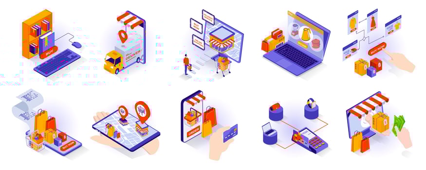 Online shopping concept isometric 3d icons set. Buying books in bookstore online, ordering goods from computer or app, tracking package and paying, isometry isolated collection. Vector illustration