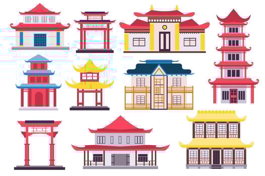 Chinese and Japanese buildings concept collection in flat cartoon design. Towers, houses, gate and temple in traditional architecture with pagoda roofs, set isolated elements. Vector illustration