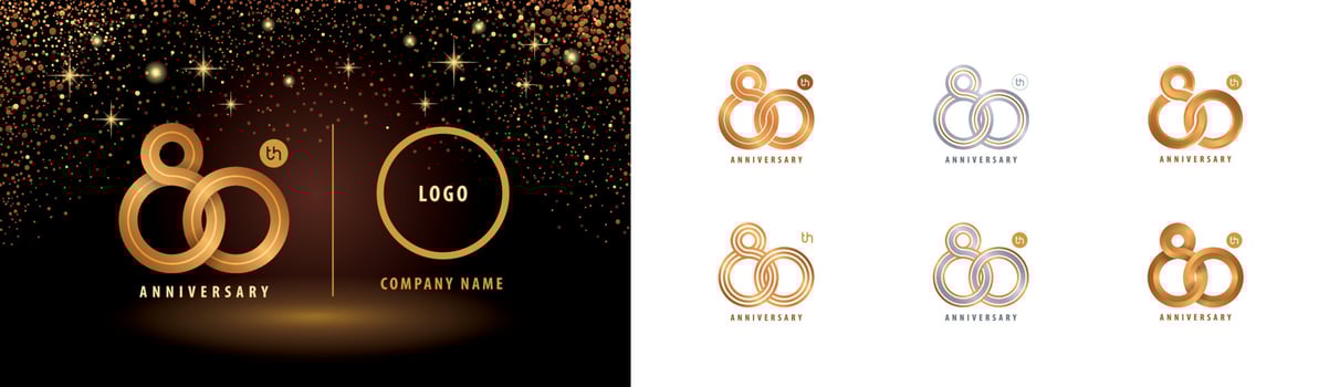 Set of 80th Anniversary logotype design, Interlocking Circle Number Logo vector. Eighty years anniversary celebration. vector