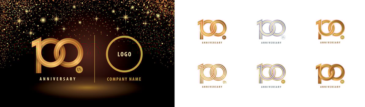 Set of 100th Anniversary logotype design, Interlocking Circle Number Logo vector. Hundred years anniversary celebration. vector