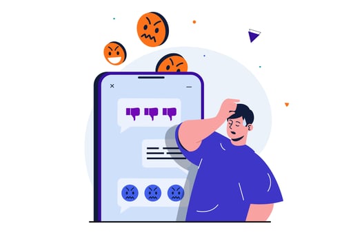 Bullying modern flat concept for web banner design. Upset man receives angry and negative chat messages and suffers from social media cyberbullying. Vector illustration with isolated people scene