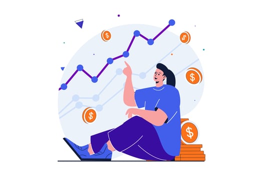 Business growth modern flat concept for web banner design. Woman analyzes financial statistics. Businesswoman develops project and analyzes market. Vector illustration with isolated people scene