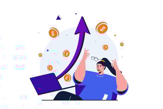Business growth modern flat concept for web banner design. Happy woman sees financial leap up and rise in profit. Development and profitable investments. Vector illustration with isolated people scene