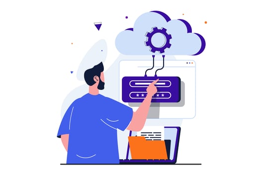Cloud computing modern flat concept for web banner design. Man enters password and login to access cloud storage for uploading and processing files. Vector illustration with isolated people scene