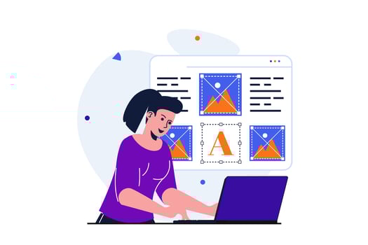 Content manager modern flat concept for web banner design. Woman writes articles and posts pictures, fills websites with information, works from laptop. Vector illustration with isolated people scene