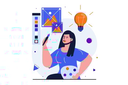 Designer studio modern flat concept for web banner design. Woman illustrator drawing digital images and generates creative ideas for art project. Vector illustration with isolated people scene