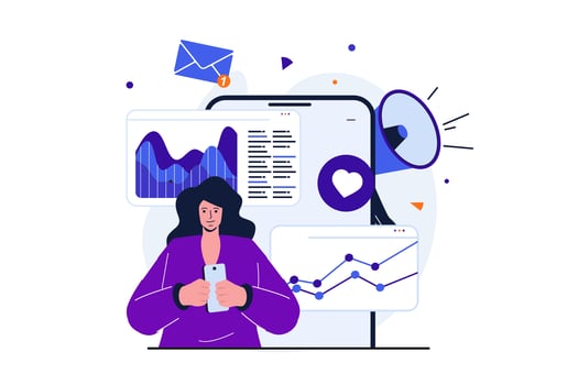 Digital marketing modern flat concept for web banner design. Woman analyzes data from advertising campaigns and studies market to promote e-business. Vector illustration with isolated people scene