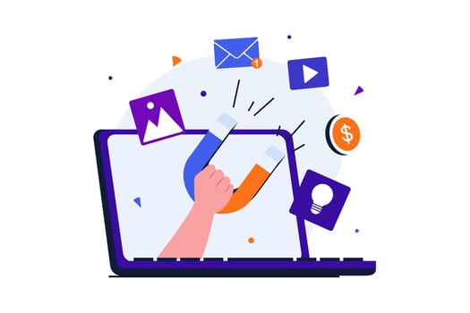 Digital marketing modern flat concept for web banner design. Advertising campaigns to attract new customers, promotional mailings and viral content. Vector illustration with isolated people scene