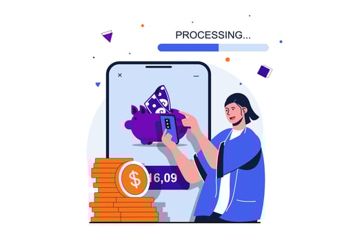 Mobile banking modern flat concept for web banner design. Woman looks at information her personal bank account, saves money and uses financial tools. Vector illustration with isolated people scene