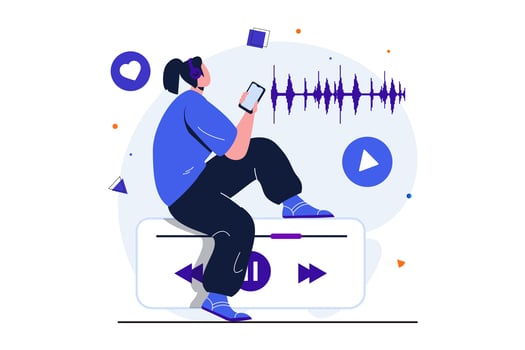 Podcast streaming modern flat concept for web banner design. Woman in headphones listens to live broadcast using mobile app. Listener enjoys music. Vector illustration with isolated people scene