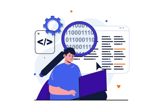 Programmer working modern flat concept for web banner design. Male developer analyzes and optimizes code, configures software and working on laptop. Vector illustration with isolated people scene