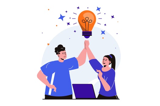 Teamwork modern flat concept for web banner design. Man and woman brainstorm and generate new ideas, innovate, development and work together on project. Vector illustration with isolated people scene