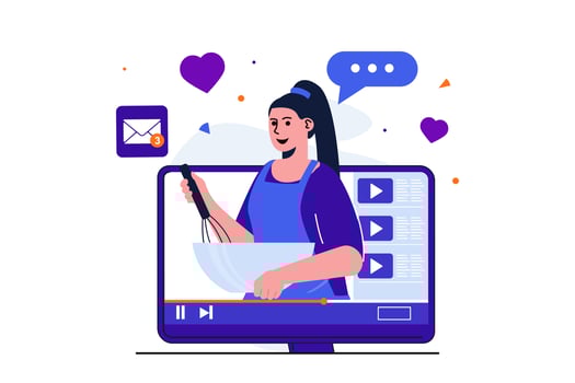 Video blogging modern flat concept for web banner design. Woman blogger recording cooking videos and recipe tutorials. Influencer promotes food blog. Vector illustration with isolated people scene
