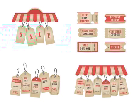 Vector stickers, price tag, banner, label. Coupon sale, offers and promotions vector template. Shop price tag, retail, commerce, business