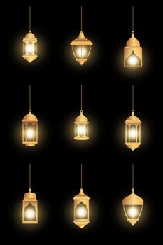 Oriental lamps. Arab lanterns hang on gold chains. Isolated realistic decorative lighting. Ramadan vector banner. Illustration lantern and lamp light muslim