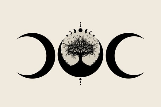 Sacred tree and crescent moon. Hand drawn Mystical Moon Phases, tree of life, Sacred geometry. Wicca banner old sign, energy circle, boho style vector isolated on vintage background