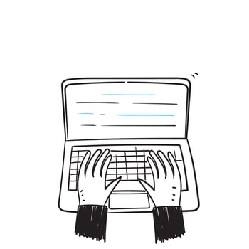 hand drawn doodle hand typing on laptop illustration vector isolated