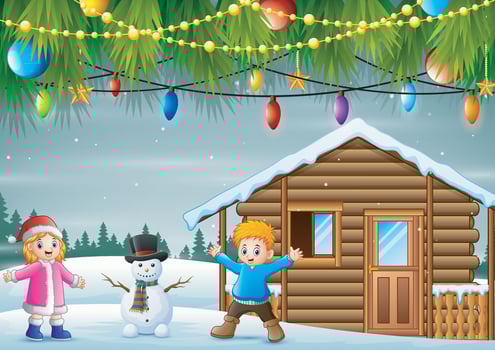 Children with snowman in front the snowy house vector