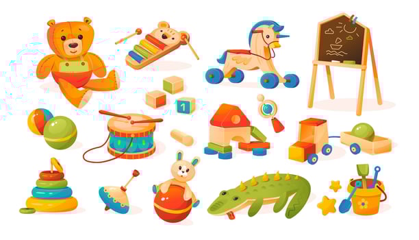 A set of children's toys. Soft and wooden toys. Teddy bear, cubes, pony, drum, ball, wooden car, chalk board, children's bucket with shovels, children's xylophone. Cartoon vector illustration isolated