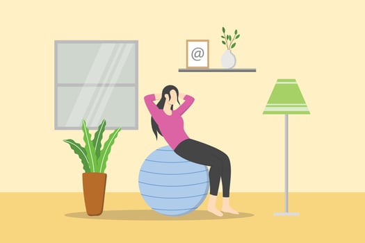 home workout concept with female stay fit training at home with exercise ball vector