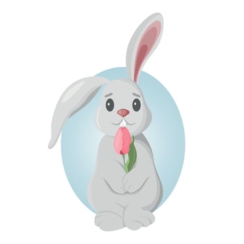 Cute illustration of a rabbit holding a tulip in its paws. Easter bunny. Vector