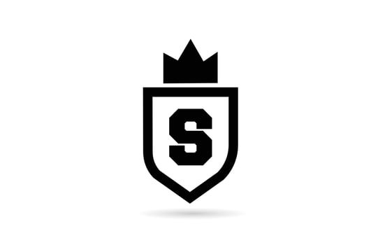black and white S alphabet letter icon logo with shield and king crown design. Creative template for business and company vector
