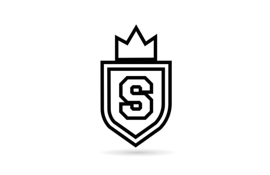 black and white S alphabet letter icon logo with shield and king crown line design. Creative template for business and company vector