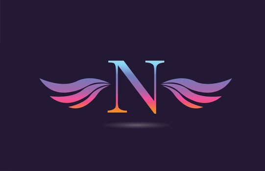Colorful N alphabet letter logo icon design with wings. Creative template for company and business in pink yellow vector