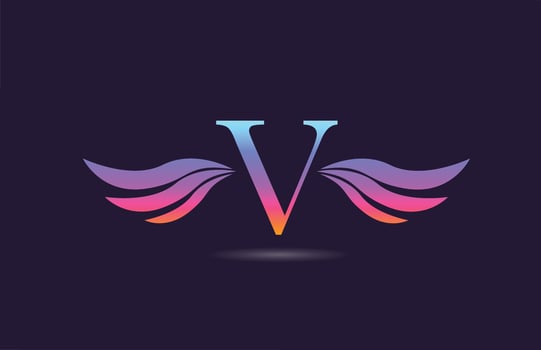 Colorful V alphabet letter logo icon design with wings. Creative template for company and business in pink yellow vector
