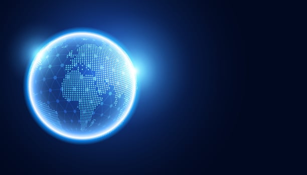 abstract global dot network connection and communication futuristic on blue background. vector