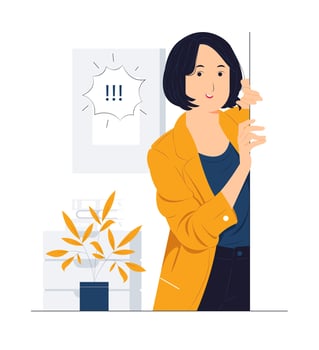 Cheerful business woman standing behind a wall while peeking with curiosity concept illustration vector