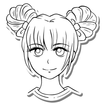 Girl with two bun hairstyle on white silhouette and gray shadow. Vector illustration for decorate logo, text, greeting cards and any design. Cartoon anime japanese style.
