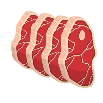 Set of Piece of raw meat. Fresh red food with streaks and fat. vector