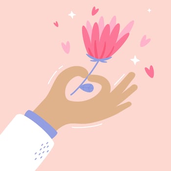 Hand holding a flower, thumbs complex in the heart vector